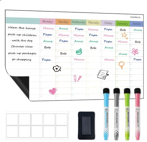 POPRUN Magnetisk torr radering systerdiagram kalender för kylskåp, kylskåpsmagnet veckoplanerare schematavla kalender för att göra-lista och uppgiftstavla för vuxna och barn perfekt för familj och