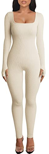 OEAK Womens Ribbed Jumpsuits Playsuits Square Neck Long Sleeve Unitard Seamless Onesies Workout Yoga All in One Piece Bodycon Cream M
