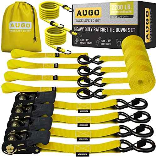 AUGO Ratchet Tie Down Straps –4 PK– 15 FT – 2,200 LB Break Strength – Safety Lock S Hooks –for Moving Cargo, Appliances, Lawn Equipment, Motorcycle – Includes 2 Bungee Cords, 4 Soft Loops, Storage Bag