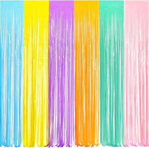 BRAVESHINE Tinsel Foil Fringe Curtains - 2Pcs 3.2x8.2ft Pastel Colourful Photo Backdrop for Christmas New Years Princess Birthdays Easter Bunny Bridal Shower Fairy Candy Donuts Party Decorations