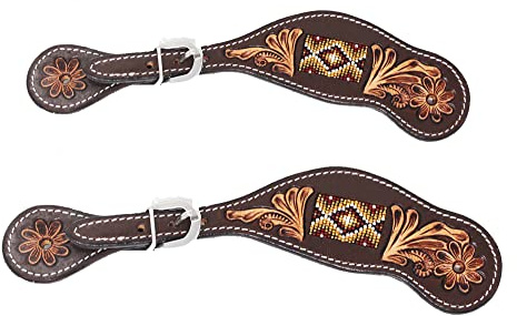 CHALLENGER Horse Western Floral Tooled Leather Beaded Inlay Cowboy Rodeo Boots Spur Straps 74192