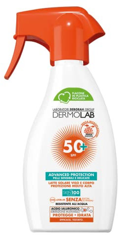 Dermolab - Solmjölk Spray för ansikte och kropp, SPF 50+ högt skydd för ljus och skonsam hud, åldrande mot åldrande och UVA-strålar, vattentålig, dermatologiskt testad, 250 ml