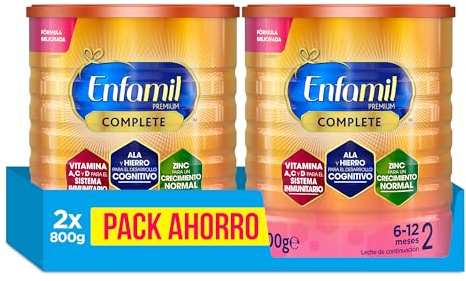 Enfamil Premium Complete 2 - Pack Mensual Fórmula Leche Infantil de Continuacion para Lactantes Bebés de 6 a 12 Meses, 800 gr - Pack de 2 Latas