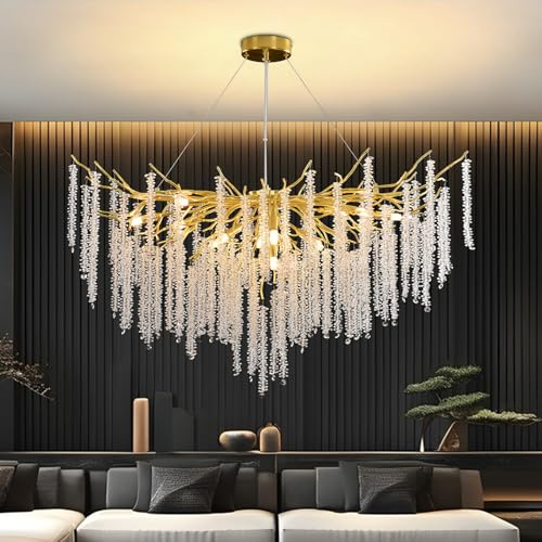 Lámpara de Araña Moderna de Cristal K9, Redonda Colgante Con Cadena Ajustable para Dormitorio, Salón, Comedor, Restaurante (Oro, G9*12, 120cm)