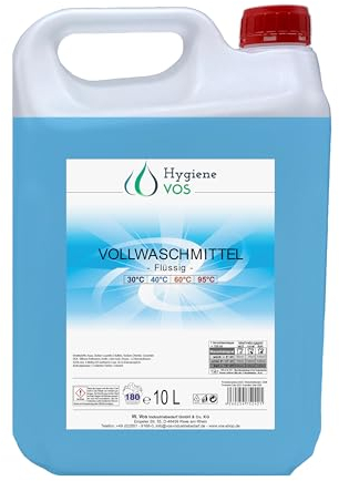 Hygiene VOS Vollwaschmittel - Flüssigwaschmittel, ergiebiges Waschmittel, Wäscht gründlich faserschonend - Schonend zu Fasern, hart zu Schmutz und Flecken - 10 L, Bis zu 180 Waschladungen