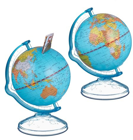 Relaxdays Salvadanaio Mappamondo, Set 2 Salva Danaro Regalo Viaggio Matrimonio 16,5x14x13cm, Travel Money Jar, Colorato