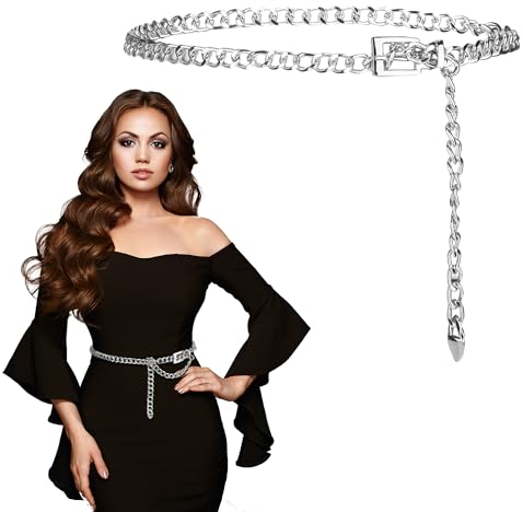 EUIOOVM Taillenkette Gürtel Damen, Verstellbar Schnalle Hüftgurt, Vintage Langer Kettengürtel, Mode Body Link Gürtel, Piratenkostüm Rockgürtel Körperkette für Kleid Jeans Silber