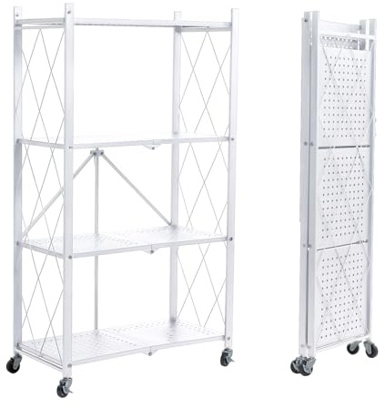BRIAN & DANY Klappbares Regal mit Rollen, 4 Etagen Faltbare Schwerlastregal, Metallregal Weiß, Lagerregal, Klappregal für die Küche, Büro, 71x 34x 126 cm
