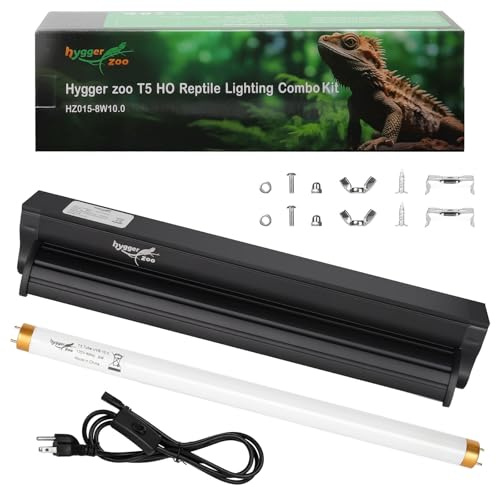 T5 UVB Reptile Light Fixture HO UVB Bulb Lighting Combo Kit, 10.0 UVB Light for Reptiles Terrarium Hood with 8W Reptile Light Bar UVA UVB Desert Lamp for Bearded Dragon Turtle Tank, 12 Inch