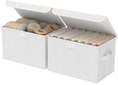 GUOHNHE Fabric Storage Bin with Lid, Closet Boxes with Cover, Collapsible Stackable Organizer Basket with 2 Handles, for Home and Bedroom, 2 Pack, White, 26 x 20 x 17 cm, XSNY12WS-2