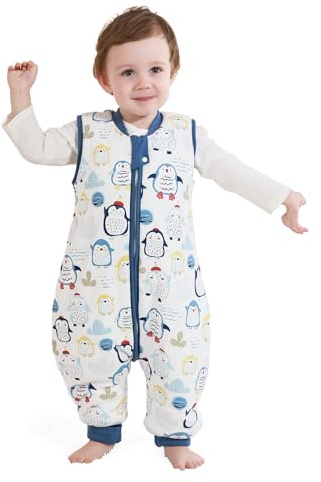 MIKAFEN Saco de Dormir de Invierno para Bebé con Piernas, 100% Algodón Exterior, 2,5 TOG, 75-85cm, 6-18 Meses, Pingüino Azul