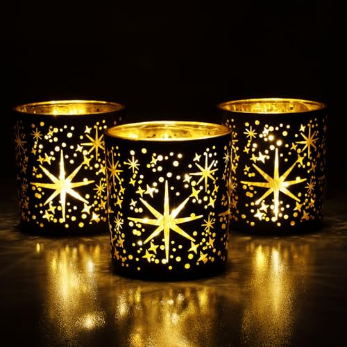 Toptime Tea Light Candle Holders, Star Pattern Glass Candle Holders Set of 3, Romantic Tealight Holder for Table Centrepiece, Gold and Black Votive Candles Holder for Christmas, Anniversary, Birthday