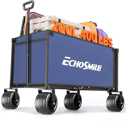 EchoSmile Bollervagn, vikbar 200 l, 180 kg, lastbil, handvagn, transportvagn, vikbar med justerbart handtag, breda hjul, terrängfordon, strandvagn, trädgårdsvagn, shoppingvagn, blå