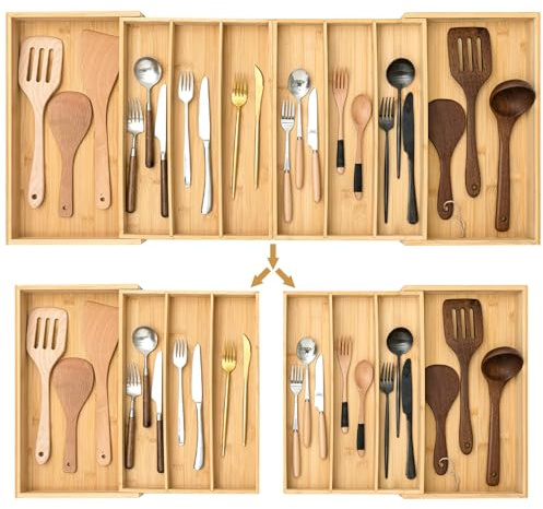 Kathfly Extra Large Drawer Organizer Kitchen Utensils Expandable 21.4 to 36 Inches Wid, Adjustable Bamboo Silverware Tray Cutlery Utensile Flatware Organizer Holder Drawer Divider for Spoons and Forks