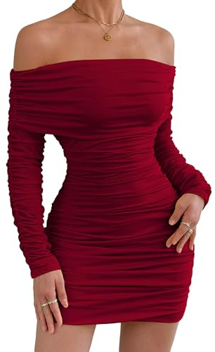 Adigau Robe Élégante pour Femme Robes de Soirée Sexy Robes à Manches Longues et Épaules Dénudées Mini Robe Moulante pour Clubbing Cocktail Fête Rouge S
