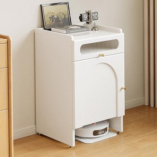 VOLDAX Mueble para Robot Aspirador con Puertas Armario Multiusos para Escobas, Estante de Almacenamiento para Doméstico, Mesa Auxiliar Multifuncional(White-A)