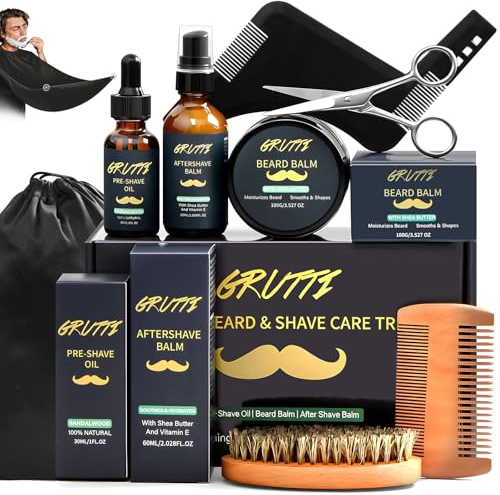 Kit de soin de la barbe pour homme avec huile pré-rasage, baume à barbe, crème après-rasage, brosse à barbe, peigne, ciseaux, peigne de coiffure, écharpe et sac de rangement – pour lui, papa, mari