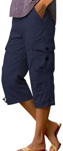 Pantalon Cargo Femme Taille Haute Pantacourt Été 3/4 Capri Décontracté Outdoor avec 6 Poches Pantalons Coupe Large Travail Chasse Fluide Léger - Idéal pour Voyage, Randonnée, Loisirs en Plein Air