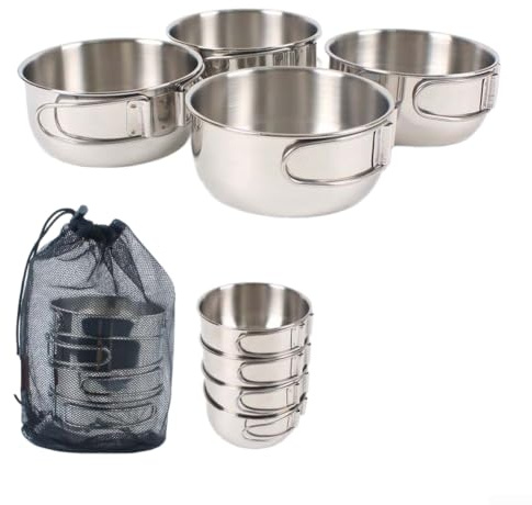 Cuencos de camping de acero inoxidable 304 con asas plegables, utensilios de cocina portátiles apilables para exteriores, para senderismo, picnics y mochileros (4 unidades, cuenco pequeño)