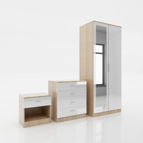 ELEGANT 3 Piece Bedroom Furniture Sets High Gloss Soft Close Wardrobe Mirrored + 4 Storage Drawer Chest of Drawers + Bedside Cabinet, White-Oak Wardrobe and Chest of Drawers Set