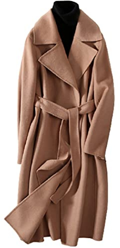 XMZFQ Womens 100% Wool Trench Coats Winter Solid Color Cashmere Coat Slim Warm Long Woolen Overcoat Long Sleeves Cardigan Jackets Outwear with Belt,Camel,M