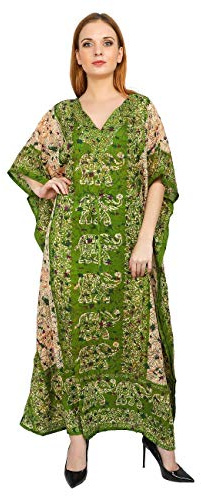 Shah Crafts. Women Kaftan Dress Long Maxi Night Dress Beach Gown Cover Up Swimsuit Top Nightdress Robe Loungewear Plus Size Green Tunic V-Neck One Size
