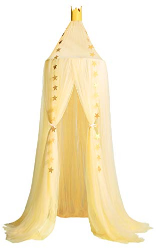 Baby Baldachin,Chiffon Betthimmel Kinder, Betthimmel Mädchen Groß Babys Bett Bettvorhang mit Sternengirlande Dekoration betthimmel Stange (Gelb)