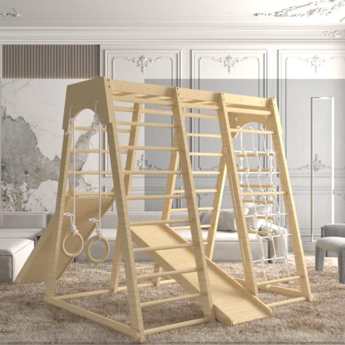 Toddler Jungle Gym, 66 Indoor Playground Set with Swing, Rock Climb Wall, Slide, Monkey Bars, Wood & Rope Ladder, Rope Wall Ladder for Kids 1-8yrs