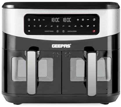 GEEPAS Dual Zone Digital Air Fryer with Visual Window | 9L XL Capacity 2 Drawers 10-In-1 Cooking Presets | Touch Screen Smart Finish Timer Function Dishwasher-Safe Healthy Oil Free & Low Fat Cooking