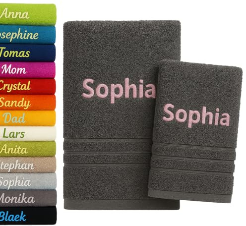 Pet-Jos 2 Piezas Toalla de Baño y Toalla de Mano Personalizadas con Nombre Bordado Toalla Personalizada 2 Paquetes 140x70cm + 100x50cm Juego de Toallas de Algodón Regalo Personalizado (Gris Oscuro)
