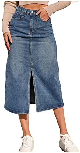 COTCLO Lång kjol hög midja rak jeanskjol kvinnor vintage delad gaffel blå lång bodycon penna jeanskjol