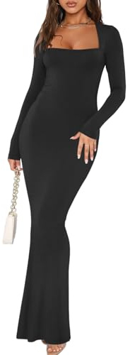 REORIA Damen Sexy Ausgehen quadratischer Ausschnitt Lange Ärmel figurbetontes Maxikleid Herbst lässig gerippt weich Lounge Kleider Schwarz S