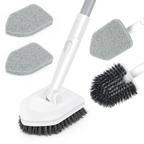 TAOPE Cepillo de Limpieza para Hogar Baño, Gris 2 en 1 Cepillo Fregar con Mango de Metal Resistente, Cepillo de Cerdas Duras para Limpiar Azulejos, Bañeras, Pared, Cocinas, Suelos