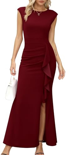 Missufe Vestido largo de fiesta para mujer, vestido de noche con corte sirena entallado, con volantes, abertura, mangas tipo ala, para bodas y eventos formales