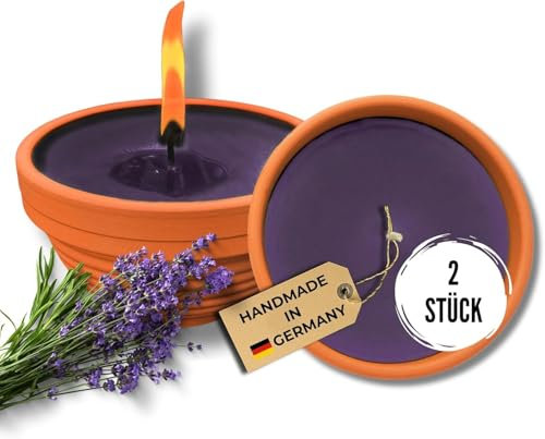 Lavalis 2x Lavendel Duft-Kerze, 20 h Brenndauer, Outdoor-Kerze in Terrakotta-Schale, handbefüllt aus recyceltem Wachs, 5 cm Flammenhöhe, 11,5 cm Ø