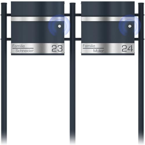 Graviers Design Cassetta postale doppia autoportante con supporto antracite RAL 7016 - Cassetta postale personalizzata in acciaio inox con incisione laser del nome e del numero civico con serratura