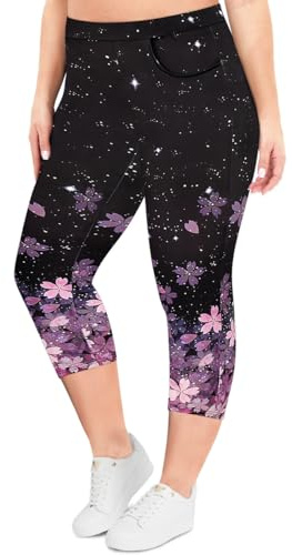 TIYOMI Plus Size Leggings for Women Pink Placement Floral Capri Stretchy Butt Fit High Waist Three-Quarter Leggings Flower Knee-Length Capris Soft Workout Casual Capris XL 14W 16W