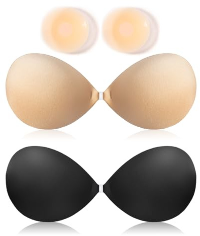 COODAM Soutien-gorge push-up en silicone adhésif invisible réutilisable sans bretelles pour femme, robe de fête de mariage, Beige + noir., A
