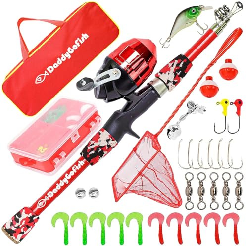 DaddyGoFish Kids Fishing Pole - Rod Reel Combo Tackle Box Starter Set - First Year Small Gear Kit for Boys Girls Toddler Youth Age Beginner Little Children (Essential Set, Red, 4ft)