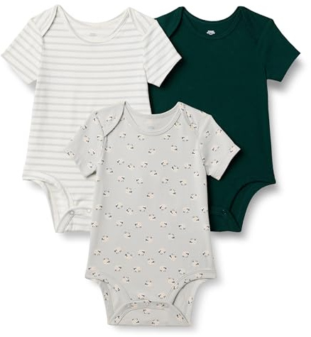 Amazon Essentials x Sofia Grainge Unisex Babies' Breathable Short Sleeve Crewneck Bodysuit, Pack of 3, Dark Green/Sheep/Stripe, 18 Months