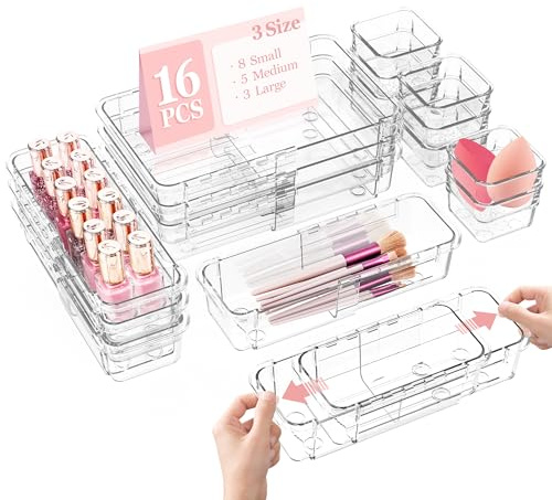 LINYAPRY 16 Stücke Klar Verstellbar Schubladen Organizer, Schubladenorganizer in 3 Größen Schminktisch Organizer, Kunststoff Sortierboxen Schubladen für Kosmetik, Besteck, Schreibwaren Eitelkeit Büro