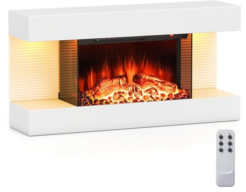 GOPLUS Chimenea Eléctrica Empotrada con Llama Regulable de 12 Colores | Calefactor de Pared de 750/1500W con Luz Ambiental, Temporizador, Control Remoto y 82 x 20,6 x 41,8 cm