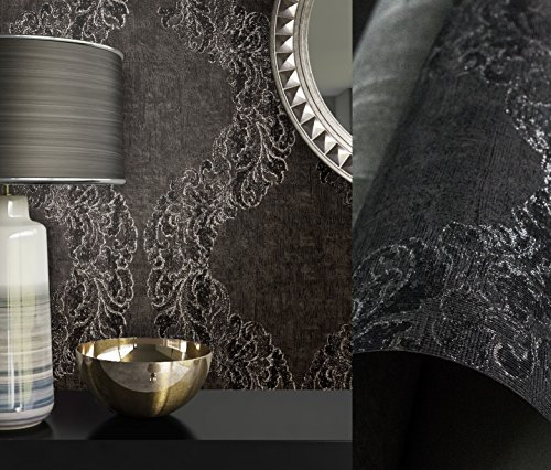 NEWROOM Papel pintado barroco antracita,negro,plata vellóntapete antracita,negro,plata Barock Glamour Modern Barock Ornamente Unifarbe hermoso diseño moderno 3d mirada , incluyendo papel tapiz guía