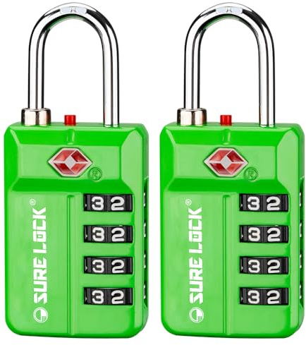 SURE LOCK TSA Approved 4-Digit Resettable Combination Luggage Locks with Open Alert, Easy-Read Dials - for Luggage, School Lockers, Gym, Office, Toolbox & Security Cases(Green 2 Pack)
