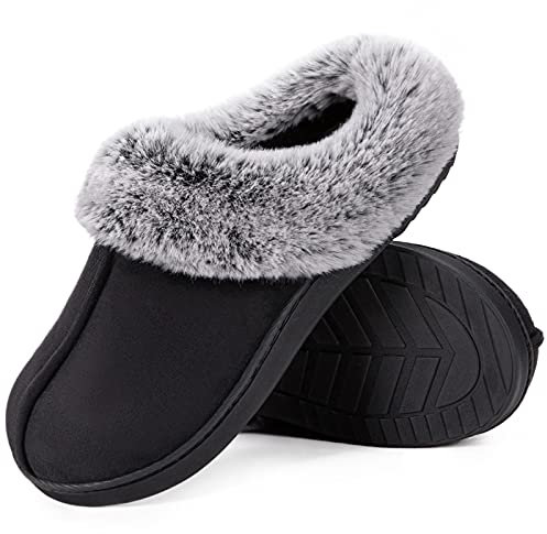 HomeTop Women's Classic Microsuede Memory Foam Slippers Durable Rubber Sole with Warm Faux Fur Collar (7-8 M, Black)