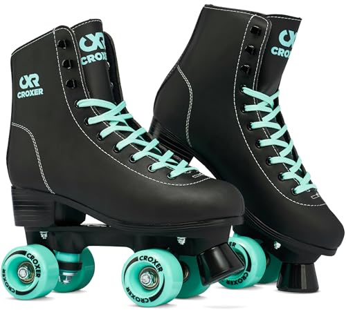 Croxer - Pattini a rotelle per bambini, ragazze, ragazzi, quad, pattini a rotelle per adulti, bambini - Design retrò anni '70 - Cuscinetti ABEC-7, ruote in PU - Alessa Black/Mint, 40 (26cm)