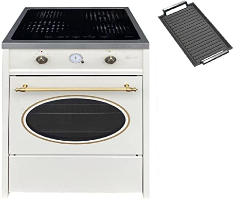 GURARI Standherd Induktionskochfeld 60 cm GCH E 612 Cr r + Grillplatte aus Gusseisen | Retro Range Coocker Induktionsherd mit Backofen 60 L | Heißluft | Grill | 4 Kochzonen | Herd Induktion in Creme
