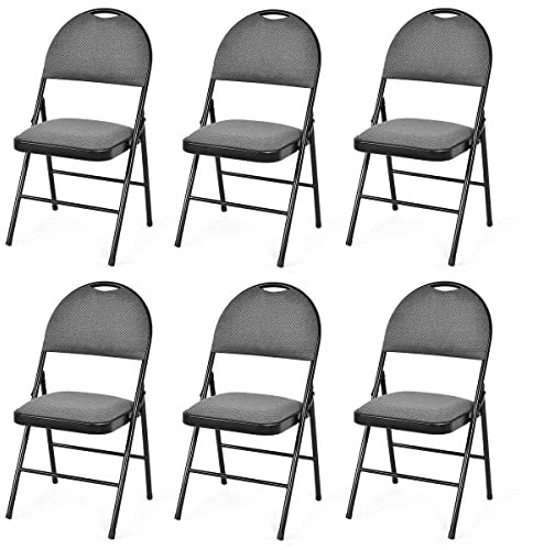 COSTWAY 2/4/6 Pack Fabric Padded Folding Chair, Metal Frame Easy Storage Conference Chair with Sponge Seat, Backrest & Foot Pads, Hall Guest Seating for Bedrooms Office Events (6, High Back, Grey)