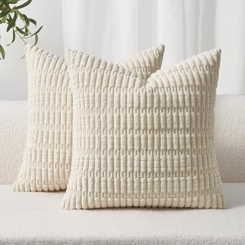 Topfinel Cushion Covers 45x45 cm 18x18 Inch Pack of 2 Cream Decorative Throw Pillow Cases with Invisible Zipper Soft Sofa Corduroy Cushion Covers for Living Room Bedroom Sofa Bed