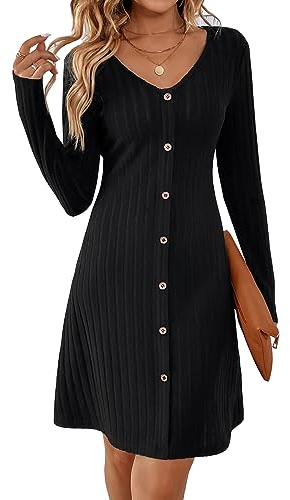 MYCOLORBLUE Kleider für Damen A Linie V-Ausschnitt Langarm Deko Knopf Gestreift Vintage Täglich Midikleid Strickkleider Schwarz M